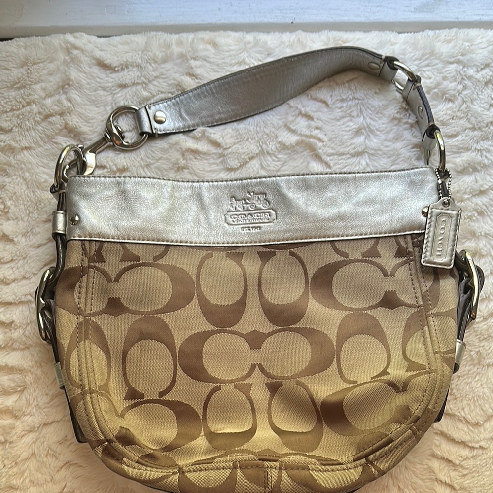 Coach Tan and Silver Shoulder Bag with Signature Monogram